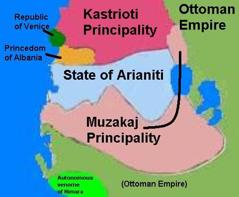 Hartë mesjetare e Principatës së Arianitëve në Shqipërinë qendrore dhe jugore
