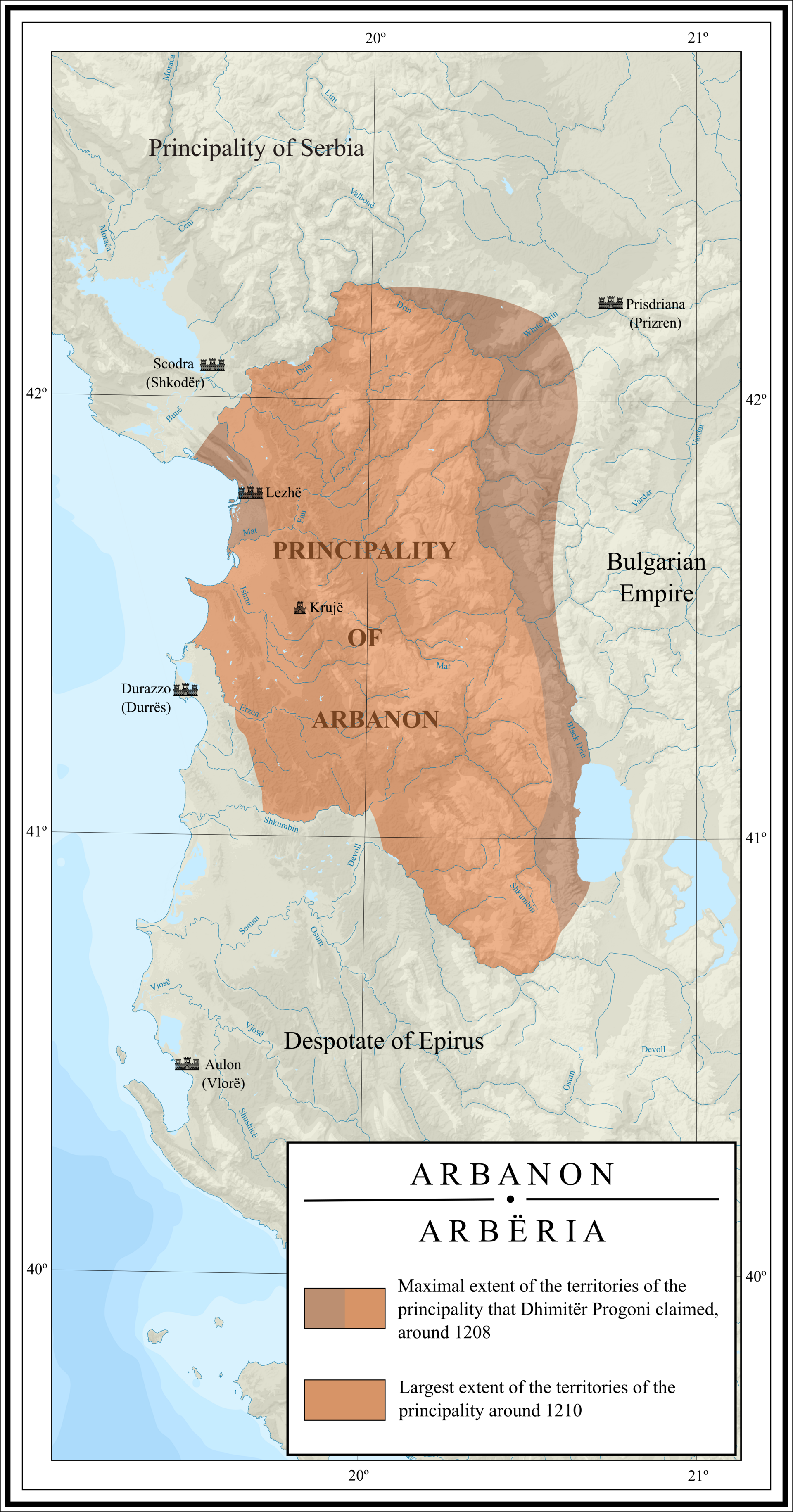 Hartë e Principatës së Arbanonit në shek. XII-XIII në Shqipërinë qendrore