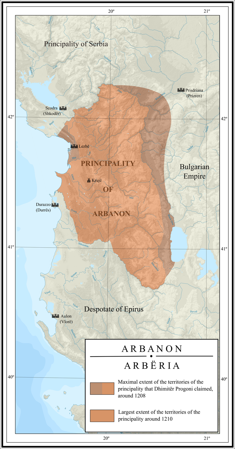 Hartë e Principatës së Arbanonit në shek. XII-XIII në Shqipërinë qendrore